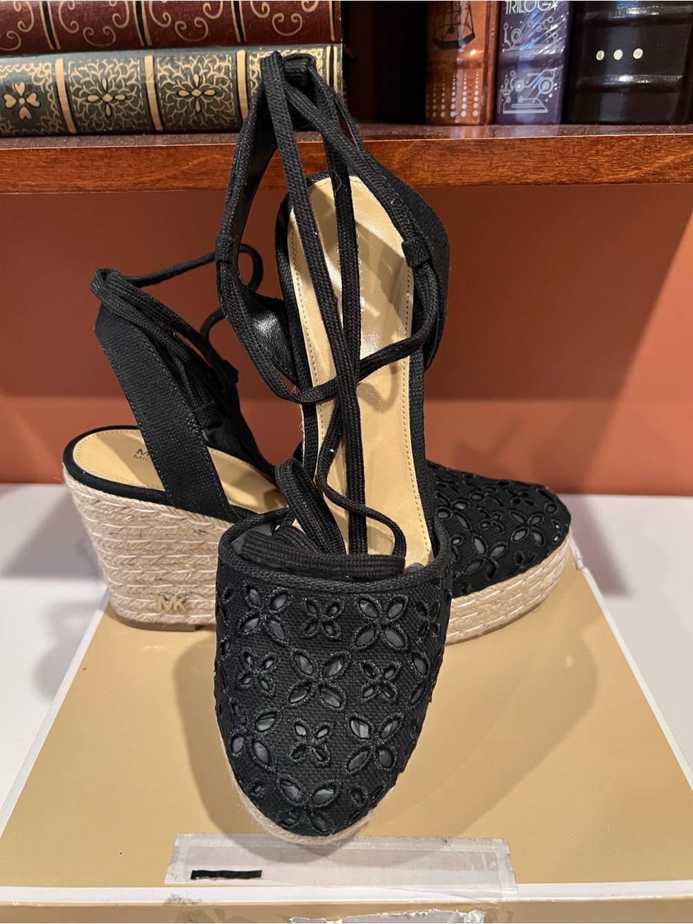 Michael Kors Black Floral Lace Espadrille Wedge Sandals with Ankle Tie